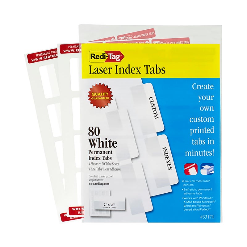 RediTag Printable Laser Index Tabs, 2w x 7/8h, White, 80/Pack (33171)